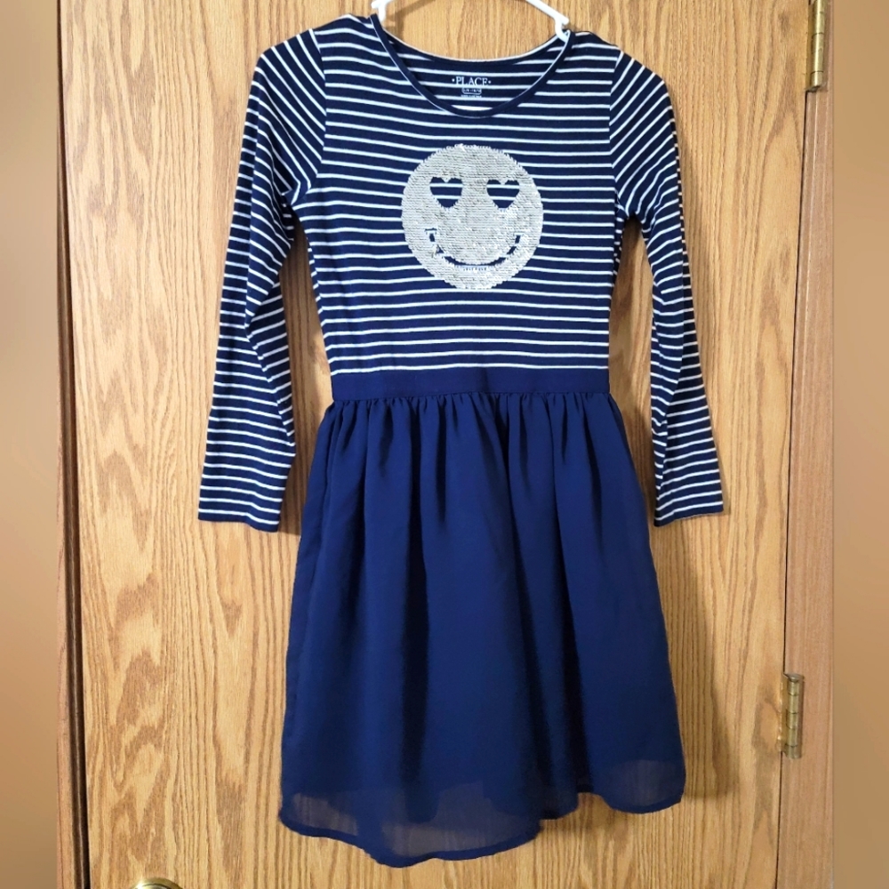 Children's Place 10/12 L/S Navy Blue/White Striped Dress Flip Sequin Smiley Face